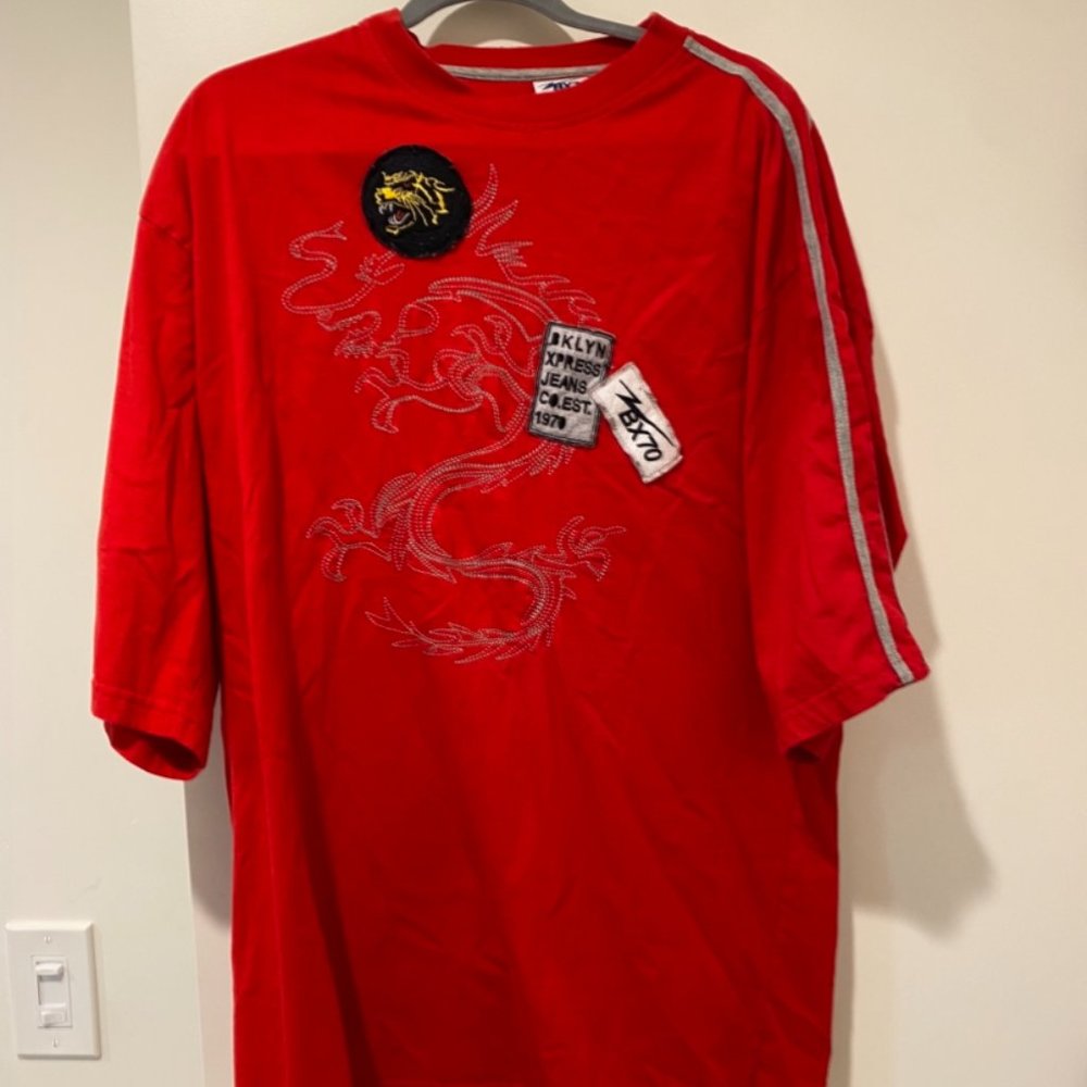 Brooklyn XPress Red Graphic Tee w/ Dragon Embroidery and Patch